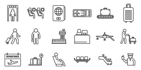Airline passengers icons set outline vector. People case - obrazy, fototapety, plakaty