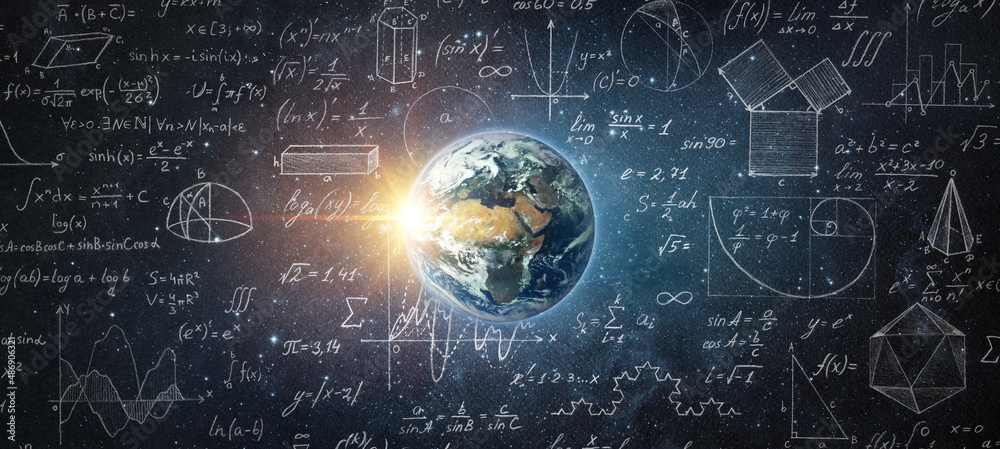 Wall mural mathematical and physical formulas against background of a earth in universe. space background on th
