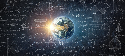 Fototapety  Mathematical and physical formulas against background of a Earth in universe. Space Background on theme of science and education. Elements of this image furnished by NASA.