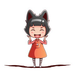 chibi girl character in dress and hair cat style with happy face.
