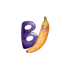The letter B with a cute banana. Handmade watercolor illustration. Font. English alphabet with pictures. Fruit. Purple color. Bubble style. Design. Art. Decor. Child.