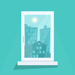 Flat illustration of room window.  View from the window to the city.  Urban landscape.  Concept view of city buildings.