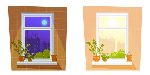 Day and night.  Window overlooking the city.  Urban landscape.  Flat cartoon style vector illustration.