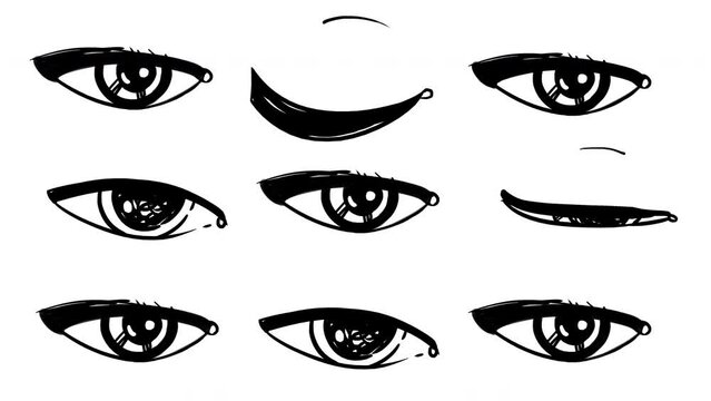 Blinking women's eyes animation with painted eyelashes. Beauty background with makeup for a blog on beauty and personal care. Motion 4k video flapping eyes in 2D cartoon style with loopy movement.