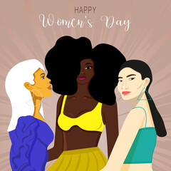 Internashional Women`s day poster with diverse ethnic faces