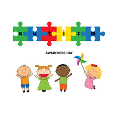 Autism awareness day. Illustration of happy children receiving support, acceptance and love