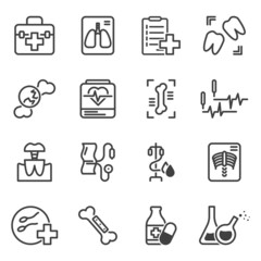 Set of medical icons related to x-ray, treatment, research and examination. Simple minimalistic images. Isolated linear vector on white background.