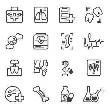 Set of medical icons related to x-ray, treatment, research and examination. Simple minimalistic images. Isolated linear vector on white background.