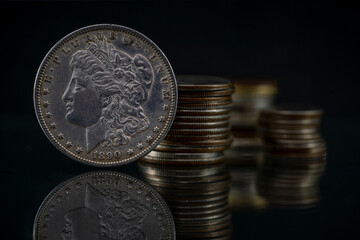 US Morgan Liberty Dollar 1890 Coin Stacks Blurred Background Reflection Reflection Macro