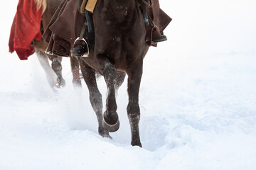 riders in vintage clothing overcome a snowy field on horseback. Close-up of stallions. High snow....