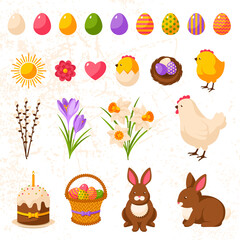 Set of Cute Happy Easter Icons. Vector Illustration. Colorful Eggs Collection, Yellow Chick and Hen, Bouquet of Daffodils and Crocuses, Sweet Cake, Chocolate Rabbit, Nest with Eggs. Easter Egg Hunt.