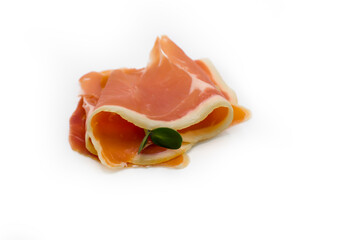Jamon slice isolated on white   raw detail