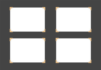 White vintage photo cards with beige corners on black background. Set of horizontal empty pages for photos. Vector realistic Mockup for scrapbooking, presentation. Blank template on white background. 