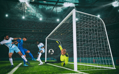 Football action in attack with the attacker contrasted by the defenders who tries to do goals at the goalkeeper