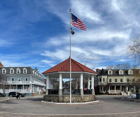 Cold Spring, NY - USA - Feb 12, 2022 Horizontal view of Cold Spring Pier and Gazebo. Located on historic West Street, Cold Spring's waterfront.