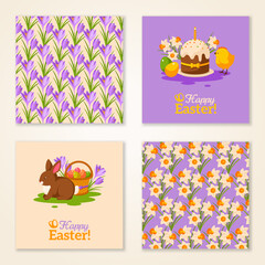 Vintage Happy Easter Greeting Cards. Vector Illustration. Retro Patterns with Crocus Flowers and Daffodil. Easter Rabbit with Eggs Basket. Easter Cake Composition with Cute Chicken.