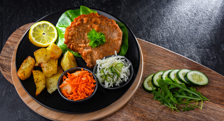 Pork cutlet coated with breadcrumbs with potatoes and salads