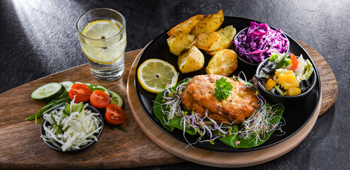 Pulled chicken cutlet coated with breadcrumbs