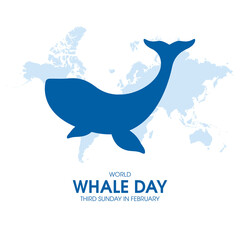 World Whale Day vector. Whale blue silhouette and world map vector. Aquatic mammals icon vector. Third Sunday in February. Important day