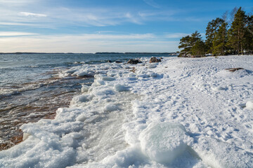 View of the coast and Gulf of Finland in winter, Kopparnas, Inkoo, Finland