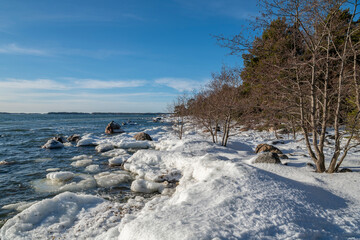 Naklejka premium View of the coast and Gulf of Finland in winter, Kopparnas, Inkoo, Finland