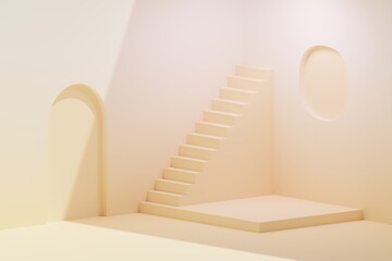 Minimalistic abstract staircase and podium whith architectural elements beige background 3d illustration