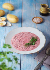A plate with cold beetroot soup - national dish of Baltic region	