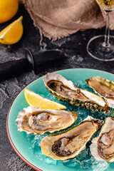 Opened fresh oysters on a blue plate, served with lemon and ice.