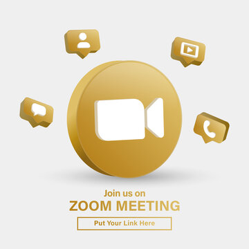 Join Us On Zoom Meeting For Social Media Icons Banner In 3d Golden Circle Notification Icons Video Player Call Message Icon - Contact Us On 3d Zoom Logo With 3d Modern Speech Bubble Reaction Icons	
