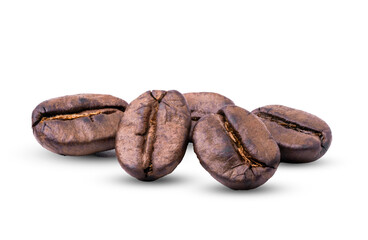 Close up isolate of roasted shiny coffee beans on white background and clipping path, Coffee is caffeine and popular beverage concept.