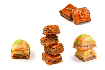 Pistachio baklava on a white background. Dessert.