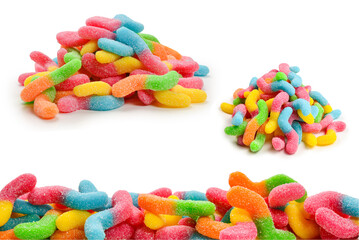 Juicy colorful jelly sweets isolated on white. Gummy candies. Snakes.