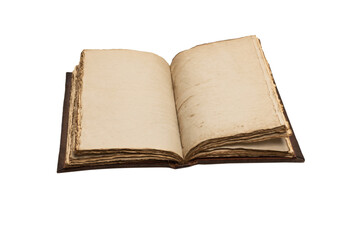 An open empty old notebook isolated on a white background.