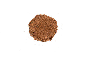 Makeup cosmetics. Eyeshadow in brown color crushed palette, colorful eye shadow powder on white background