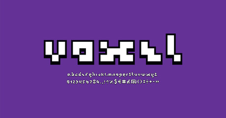 3D Pixel font, trendy kids alphabet or typeface, round letters and numbers made in video game style