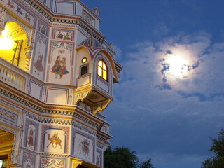 Mandawa, Rajasthan, India, August 10, 2011: Moonlit decorated facade of Mandawa Heritage Hotel,...