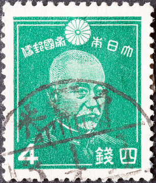 Japan - circa 1938: a postage stamp from Japan, showing a portrait of Fleet Admiral Marquis Togo Heihachiro (1847-1934)