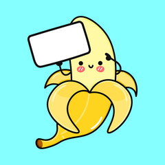 Cute funny banana with poster. Vector hand drawn cartoon kawaii character illustration icon. Isolated on blue background. Banana think concept