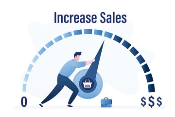 Increasing sales. Sale volume increase make business grow, finance concept. Boost your income. Hand is pulling to maximum position progress bar with shopping basket.
