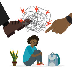 Psychological pressure on teenager. Sad african american girl sits. Large arm and leg over the child. Mental problems. Tired schoolgirl. Bullying and abuse in school.