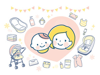 出産準備のイメージのイラスト素材と笑顔の親子