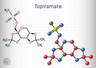 Topiramate molecule. It is sulfamate-substituted monosaccharide, anticonvulsant, antiseizure drug used in the control of epilepsy. Structural chemical formula, molecule model. Sheet of paper in a cage