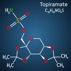 Topiramate molecule. It is sulfamate-substituted monosaccharide, anticonvulsant, antiseizure drug used in the control of epilepsy. Structural chemical formula on the dark blue background