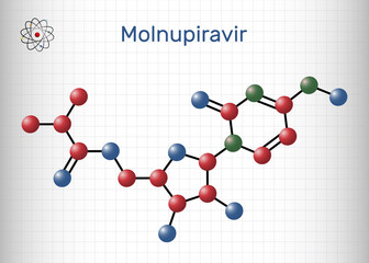 Molnupiravir molecule. It is antiviral medication, anti coronaviral agent, prodrug, used to treat coronavirus  COVID-19, SARS-CoV-2. Molecule model. Sheet of paper in a cage