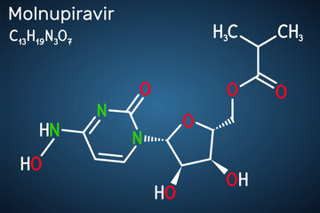 Molnupiravir molecule. It is antiviral medication, anti coronaviral agent, prodrug, used to treat coronavirus  COVID-19, SARS-CoV-2. Structural chemical formula on the dark blue background