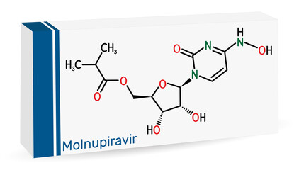 Molnupiravir molecule. It is antiviral medication, anti coronaviral agent, prodrug, used to treat coronavirus  COVID-19, SARS-CoV-2. Skeletal chemical formula. Paper packaging for drugs.