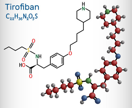 Tirofiban molecule. It is non-peptide tyrosine derivative, with anticoagulant activity, prevents the blood from clotting. Structural chemical formula and molecule model.