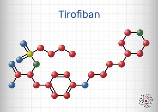 Tirofiban molecule. It is non-peptide tyrosine derivative, with anticoagulant activity, prevents the blood from clotting. Molecule model. Sheet of paper in a cage
