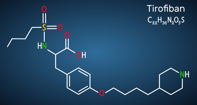 Tirofiban molecule. It is non-peptide tyrosine derivative, with anticoagulant activity, prevents the blood from clotting. Structural chemical formula on the dark blue background.