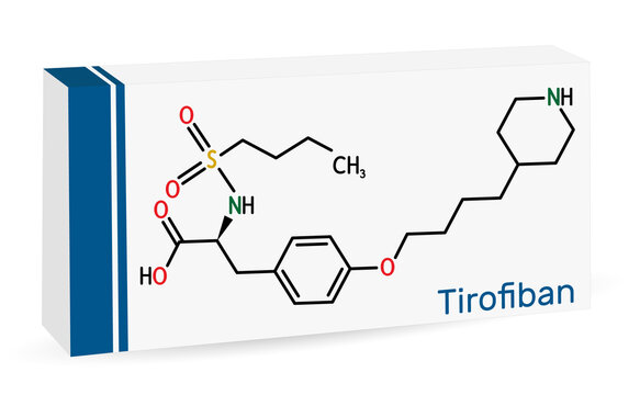 Tirofiban molecule. It is non-peptide tyrosine derivative, with anticoagulant activity, prevents the blood from clotting. Skeletal chemical formula. Paper packaging for drugs.